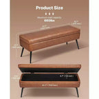 Banc de rangement VIYET 47 en cuir synthétique marron, pieds en métal supportant 300 kg, banc à fermeture douce pour entrée/chambre/salon