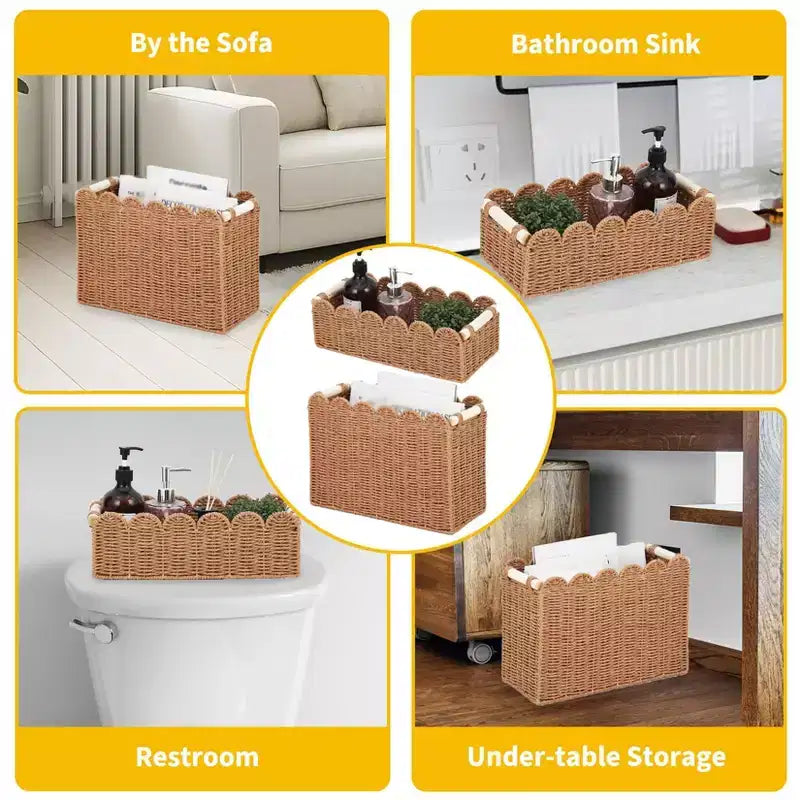 Lot de 2 paniers de rangement pour papier toilette en corde de papier à bords festonnés, avec 2 poignées en bois. Paniers décoratifs.