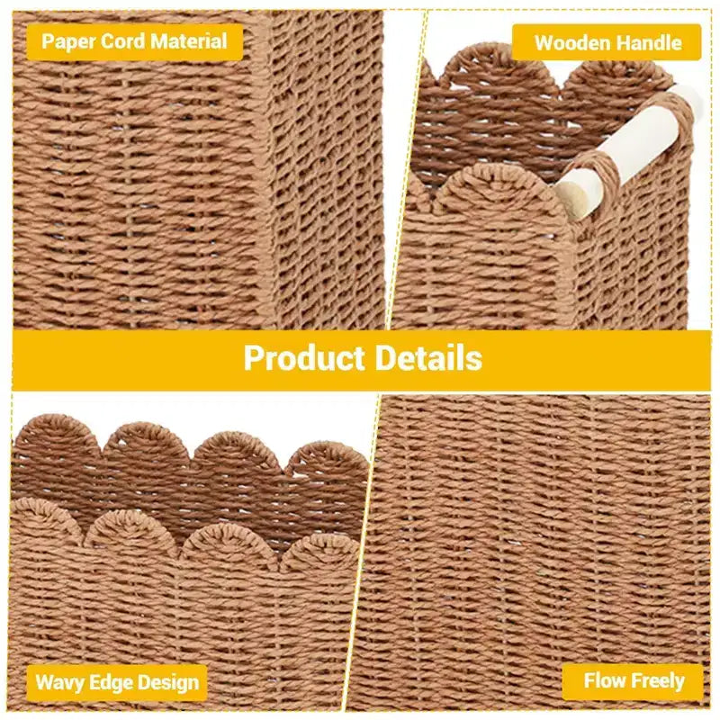 Lot de 2 paniers de rangement pour papier toilette en corde de papier à bords festonnés, avec 2 poignées en bois. Paniers décoratifs.