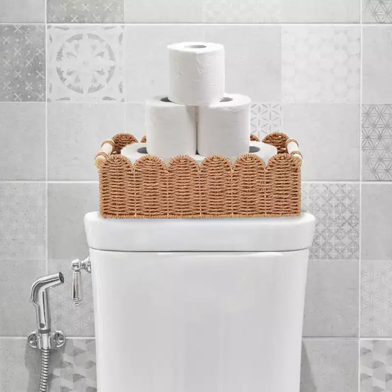 Lot de 2 paniers de rangement pour papier toilette en corde de papier à bords festonnés, avec 2 poignées en bois. Paniers décoratifs.