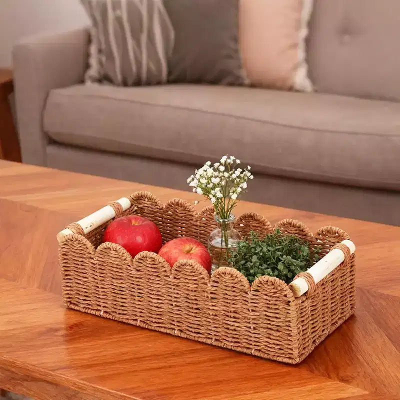Lot de 2 paniers de rangement pour papier toilette en corde de papier à bords festonnés, avec 2 poignées en bois. Paniers décoratifs.