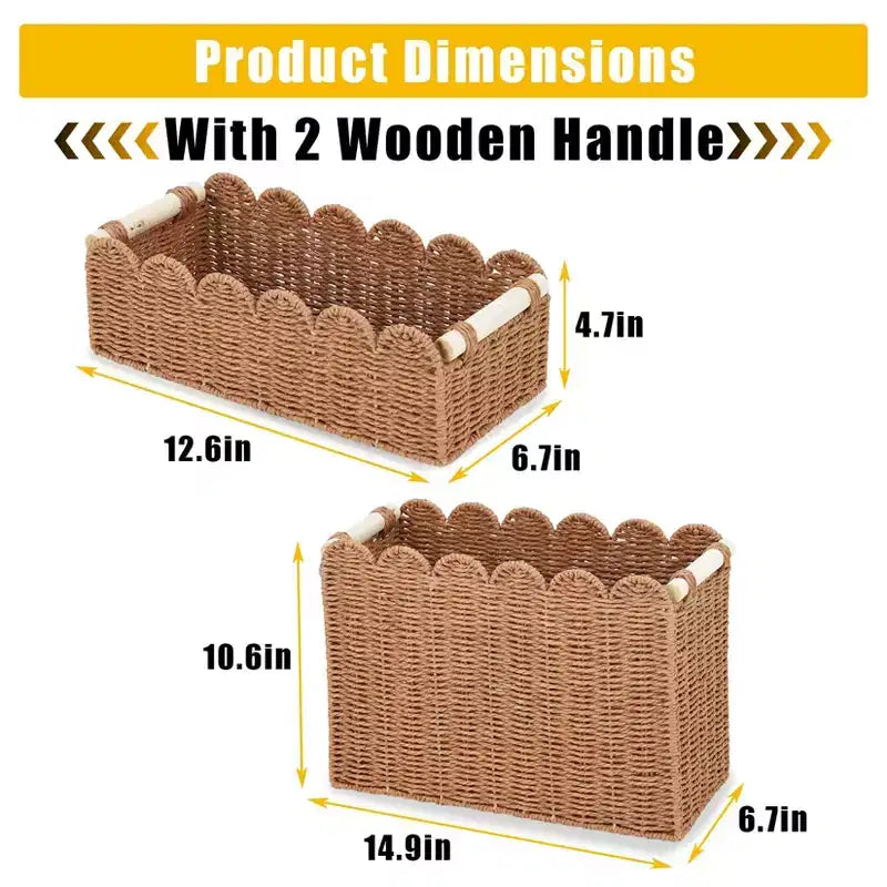 Lot de 2 paniers de rangement pour papier toilette en corde de papier à bords festonnés, avec 2 poignées en bois. Paniers décoratifs.