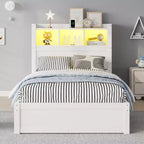 Lit double/grand en bois avec tête de lit de rangement, éclairage LED intégré et station de charge, 2 tiroirs et meuble coulissant - ModernLuxe