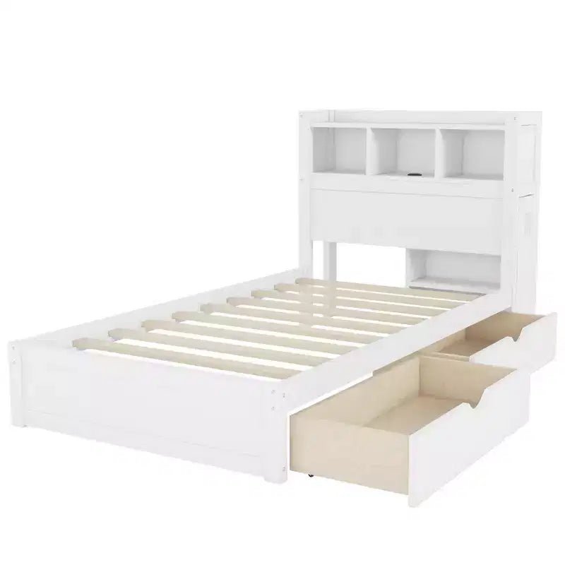 Lit double/grand en bois avec tête de lit de rangement, éclairage LED intégré et station de charge, 2 tiroirs et meuble coulissant - ModernLuxe