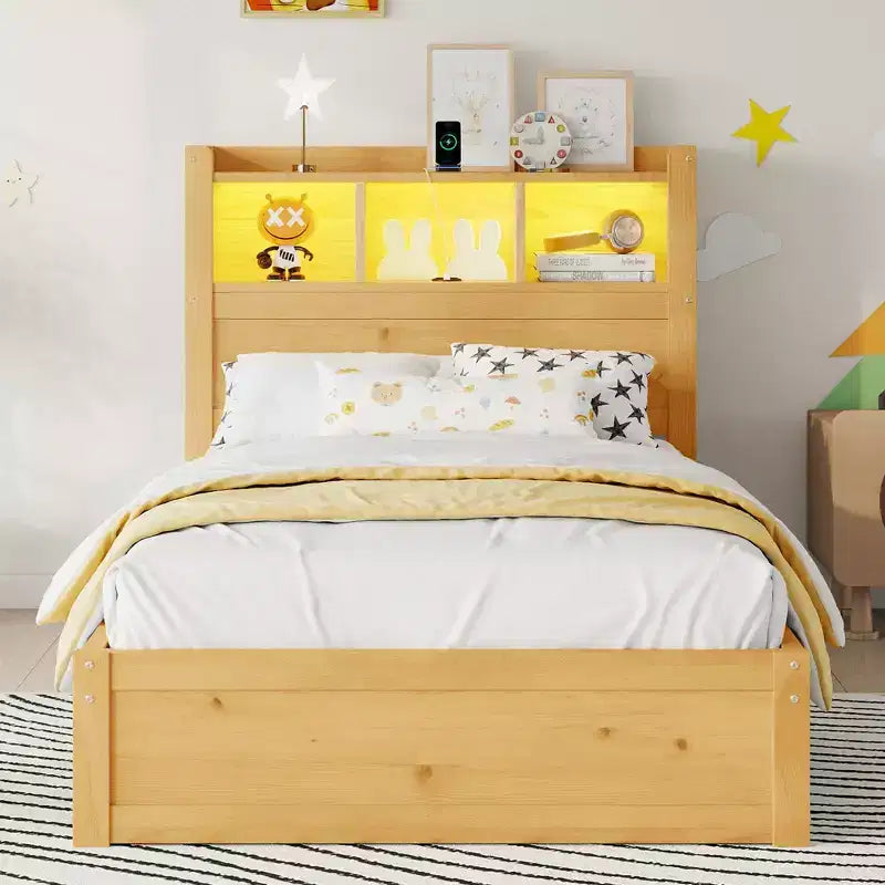 Lit double/grand en bois avec tête de lit de rangement, éclairage LED intégré et station de charge, 2 tiroirs et meuble coulissant - ModernLuxe