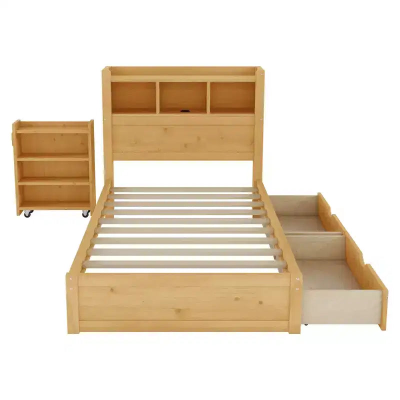 Lit double/grand en bois avec tête de lit de rangement, éclairage LED intégré et station de charge, 2 tiroirs et meuble coulissant - ModernLuxe