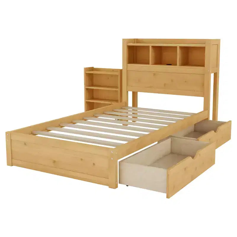 Lit double/grand en bois avec tête de lit de rangement, éclairage LED intégré et station de charge, 2 tiroirs et meuble coulissant - ModernLuxe