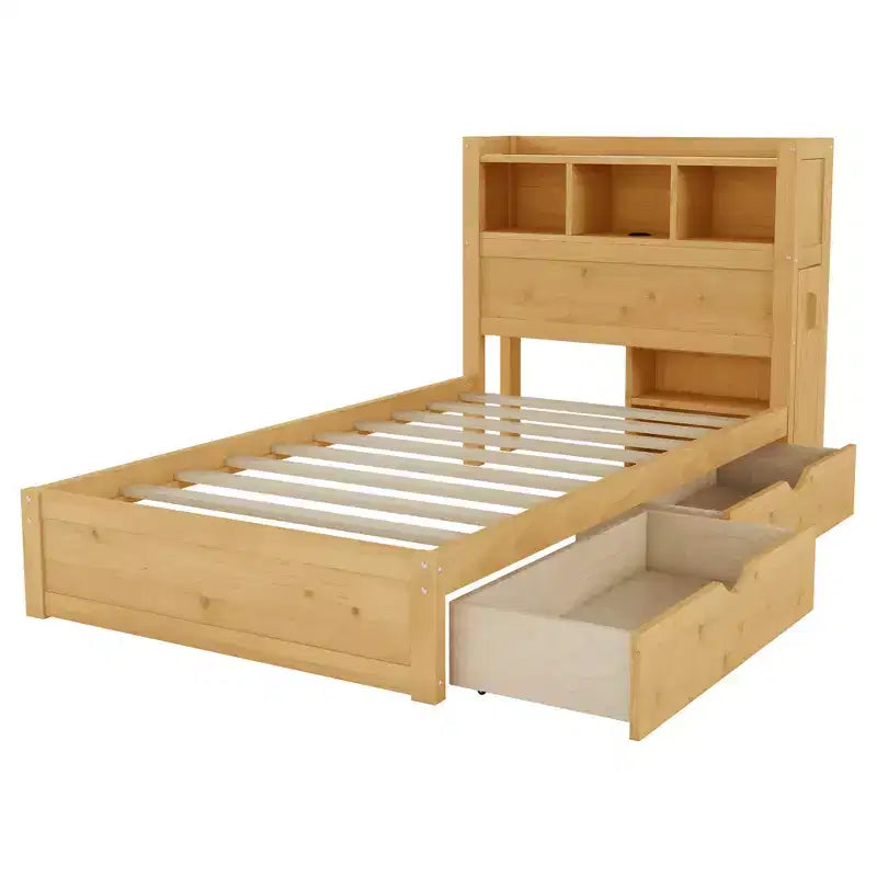 Lit double/grand en bois avec tête de lit de rangement, éclairage LED intégré et station de charge, 2 tiroirs et meuble coulissant - ModernLuxe