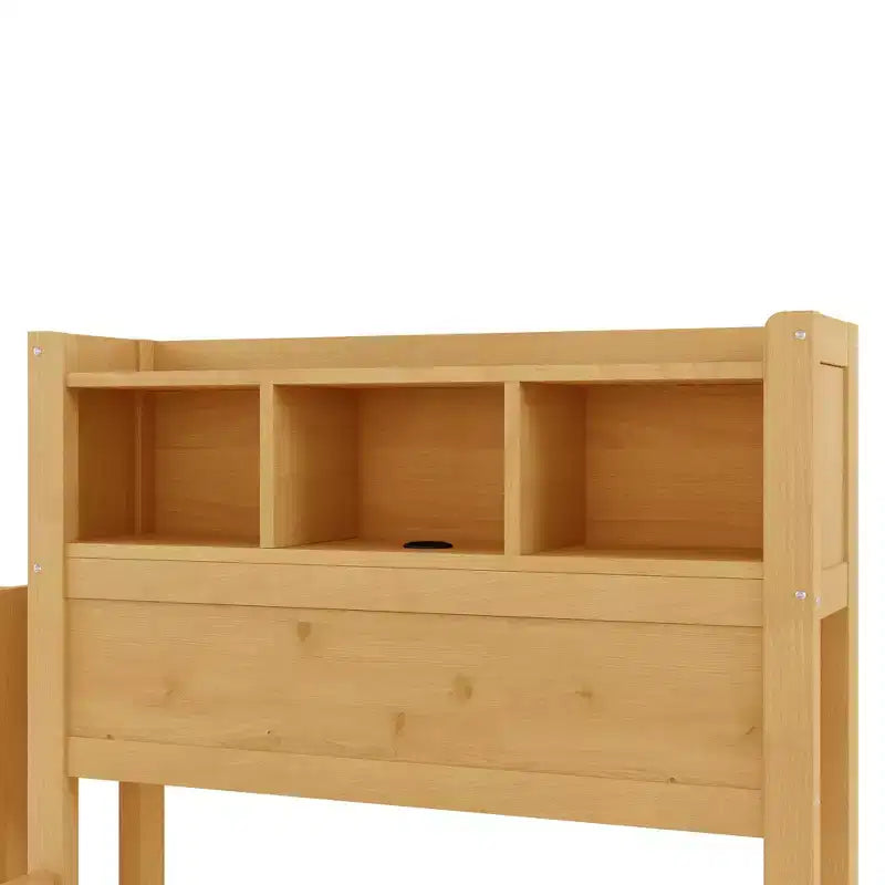 Lit double/grand en bois avec tête de lit de rangement, éclairage LED intégré et station de charge, 2 tiroirs et meuble coulissant - ModernLuxe