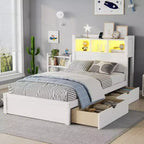 Lit double/grand en bois avec tête de lit de rangement, éclairage LED intégré et station de charge, 2 tiroirs et meuble coulissant - ModernLuxe
