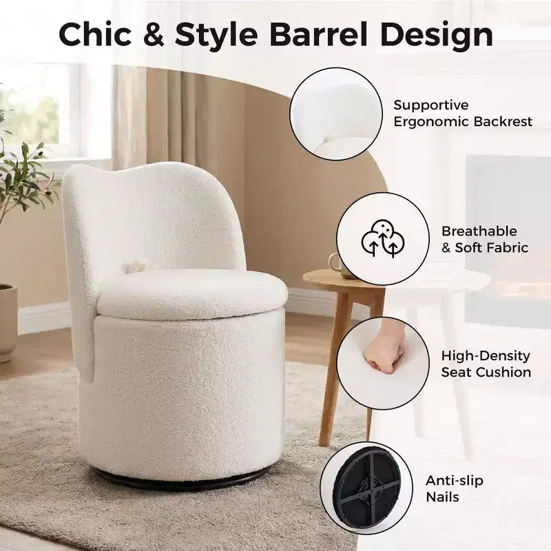 Chaise de coiffeuse avec rangement, Chaise de maquillage pivotante à 360°, Tabouret de baril moderne pivotant avec dossier, Ottoman rembourré, Tabouret de coiffeuse avec dossier