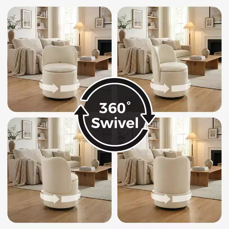 Chaise de coiffeuse avec rangement, Chaise de maquillage pivotante à 360°, Tabouret de baril moderne pivotant avec dossier, Ottoman rembourré, Tabouret de coiffeuse avec dossier