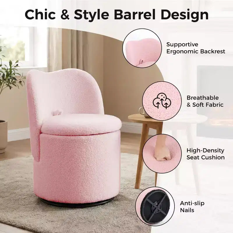 Chaise de coiffeuse avec rangement, Chaise de maquillage pivotante à 360°, Tabouret de baril moderne pivotant avec dossier, Ottoman rembourré, Tabouret de coiffeuse avec dossier