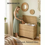 SONGMICS Panier à linge avec couvercle, panier à linge en rotin PE avec doublure amovible, panier de rangement, trieur à 4 sections, 210 L, jaune oie