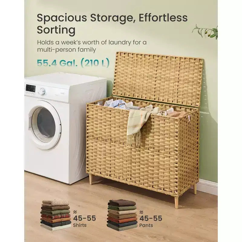SONGMICS Panier à linge avec couvercle, panier à linge en rotin PE avec doublure amovible, panier de rangement, trieur à 4 sections, 210 L, jaune oie