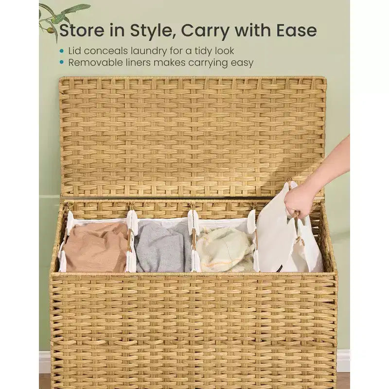 SONGMICS Panier à linge avec couvercle, panier à linge en rotin PE avec doublure amovible, panier de rangement, trieur à 4 sections, 210 L, jaune oie
