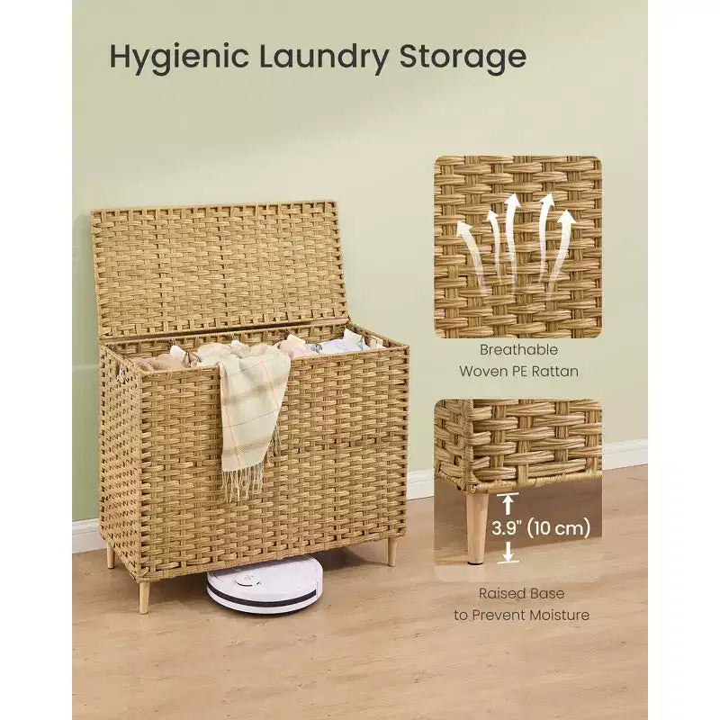 SONGMICS Panier à linge avec couvercle, panier à linge en rotin PE avec doublure amovible, panier de rangement, trieur à 4 sections, 210 L, jaune oie