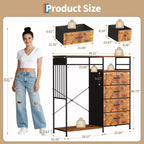 Commode de chambre à coucher avec tringle à vêtements, commode à 6 tiroirs en tissu avec tringle à vêtements, commode de rangement à plateau en bois