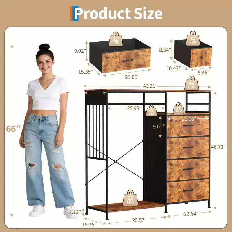 Commode de chambre à coucher avec tringle à vêtements, commode à 6 tiroirs en tissu avec tringle à vêtements, commode de rangement à plateau en bois