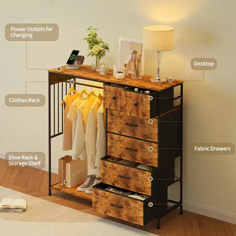 Commode de chambre à coucher avec tringle à vêtements, commode à 6 tiroirs en tissu avec tringle à vêtements, commode de rangement à plateau en bois