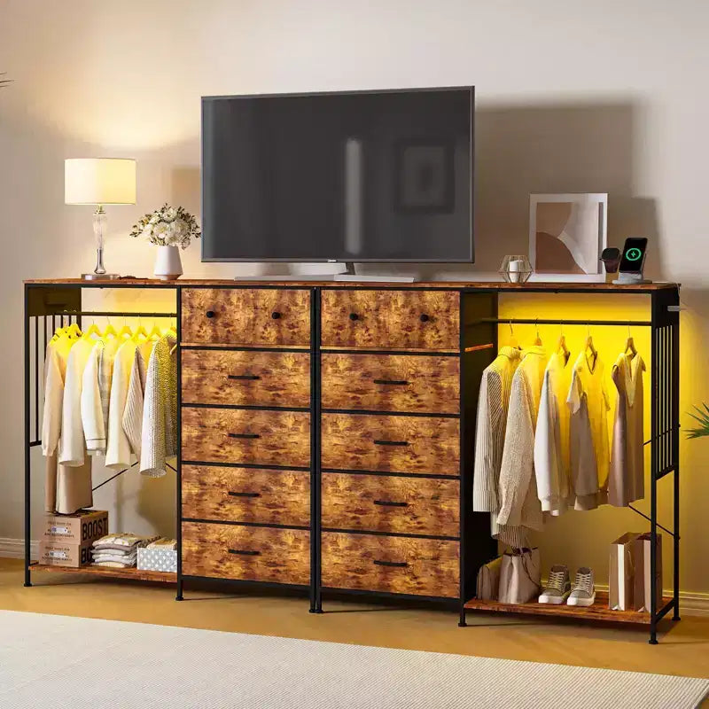 Commode de chambre à coucher avec tringle à vêtements, commode à 6 tiroirs en tissu avec tringle à vêtements, commode de rangement à plateau en bois