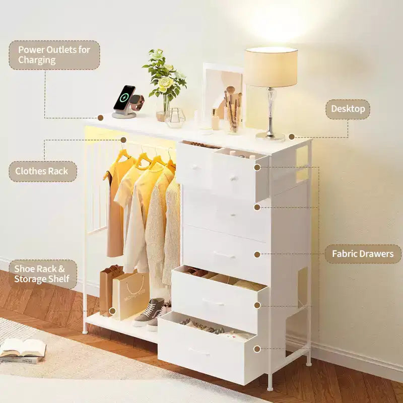 Commode de chambre à coucher avec tringle à vêtements, commode à 6 tiroirs en tissu avec tringle à vêtements, commode de rangement à plateau en bois