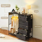 Commode de chambre à coucher avec tringle à vêtements, commode à 6 tiroirs en tissu avec tringle à vêtements, commode de rangement à plateau en bois