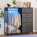 Dresser for Bedroom with Hanging Rack, 6 Fabric Drawers Dresser with Clothes Rack, Wooden Top Storage Chest of Drawers