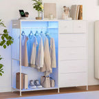 Commode de chambre à coucher avec tringle à vêtements, commode à 6 tiroirs en tissu avec tringle à vêtements, commode de rangement à plateau en bois