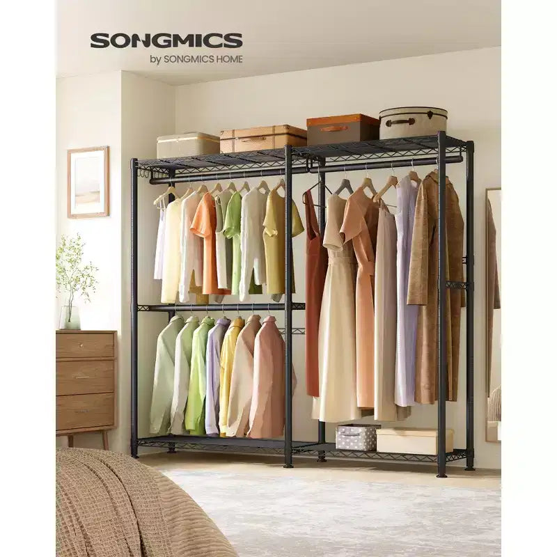 SONGMICS Portant à vêtements, Porte-manteau robuste avec étagères de rangement réglables et tringles, Crochets, Armoire Portable, Blanc nuage