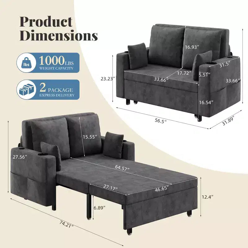 Canapé-lit convertible 3 en 1 avec ports USB, porte-gobelets et poches latérales, causeuse moderne pour salon