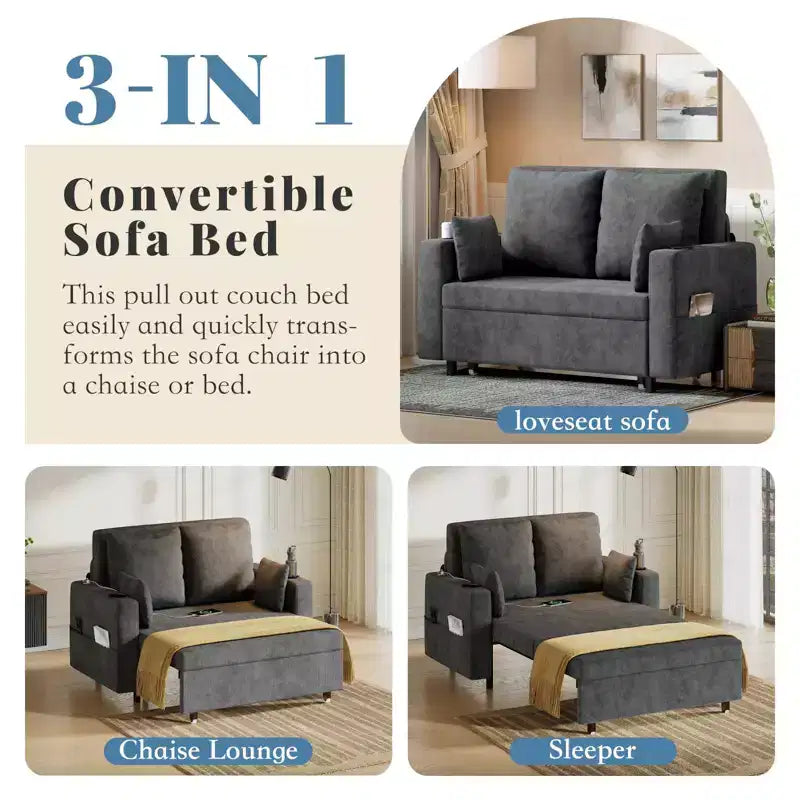 Canapé-lit convertible 3 en 1 avec ports USB, porte-gobelets et poches latérales, causeuse moderne pour salon