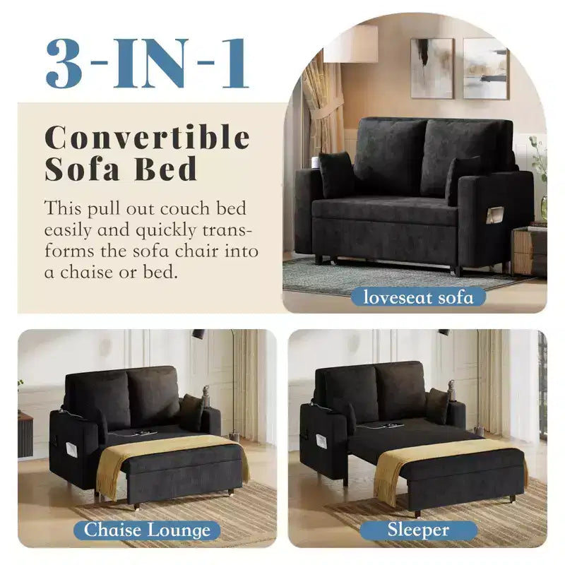 Canapé-lit convertible 3 en 1 avec ports USB, porte-gobelets et poches latérales, causeuse moderne pour salon