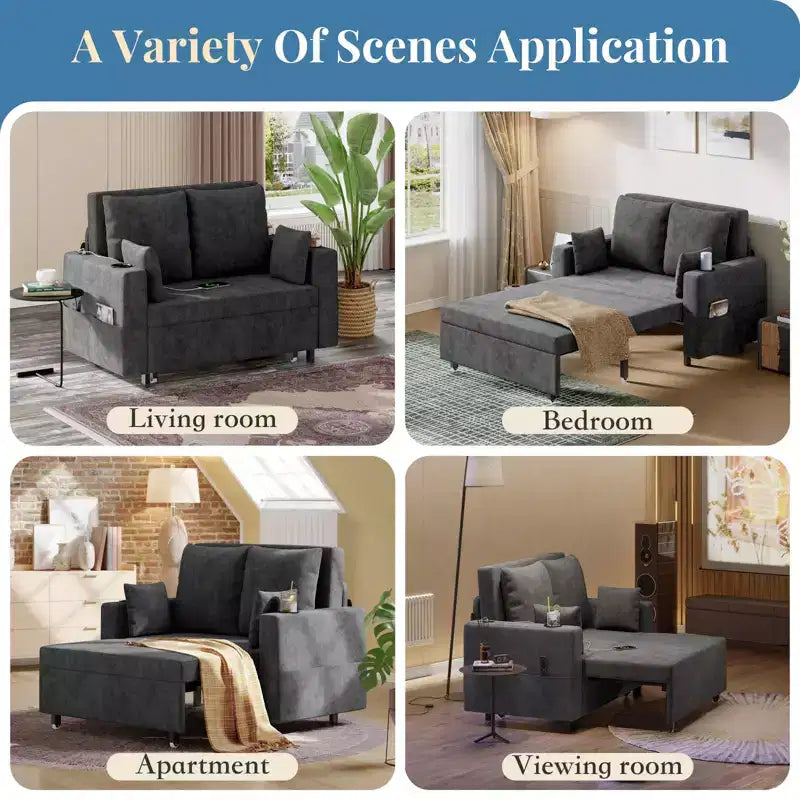 Canapé-lit convertible 3 en 1 avec ports USB, porte-gobelets et poches latérales, causeuse moderne pour salon