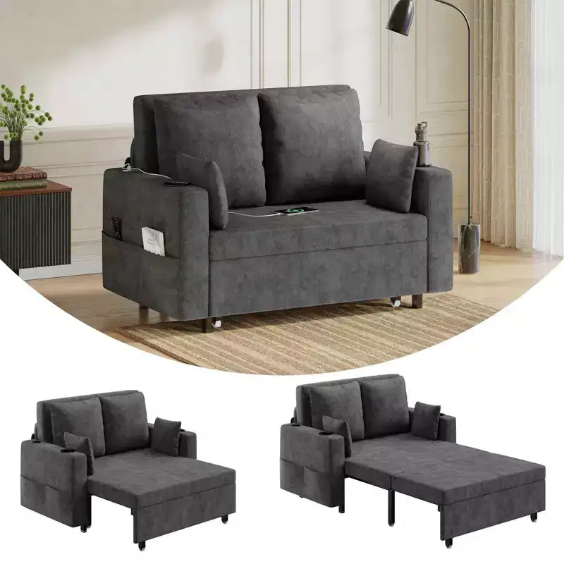 Canapé-lit convertible 3 en 1 avec ports USB, porte-gobelets et poches latérales, causeuse moderne pour salon