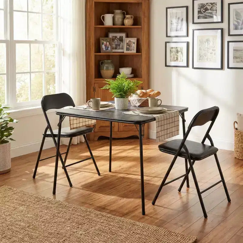 FurnitureR 3-Piece Folding Dining Table Set with 2 Padded Chairs, Space-Saving Kitchen Table for Small Apartment, Metal Frame Breakfast Nook Set