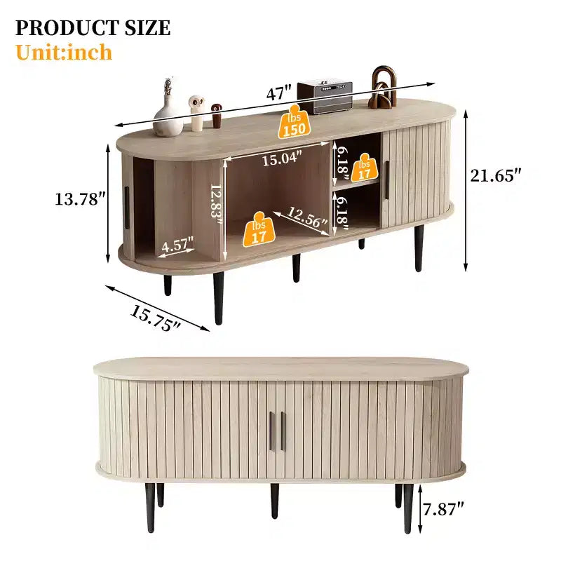JVNOXK 47 Meuble TV moderne avec compartiment de rangement et porte coulissante, Centre de divertissement pour jeux vidéo avec armoire pour salon, Naturel