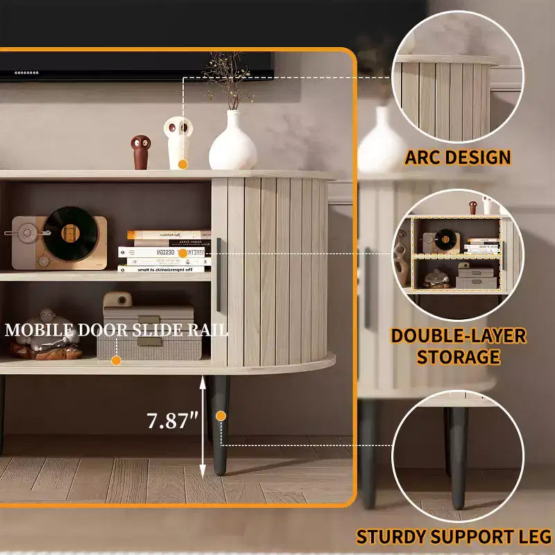 JVNOXK 47 Meuble TV moderne avec compartiment de rangement et porte coulissante, Centre de divertissement pour jeux vidéo avec armoire pour salon, Naturel