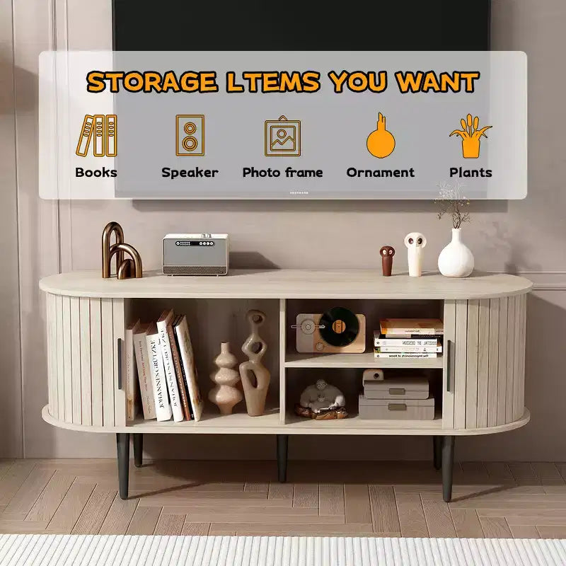 JVNOXK 47 Meuble TV moderne avec compartiment de rangement et porte coulissante, Centre de divertissement pour jeux vidéo avec armoire pour salon, Naturel