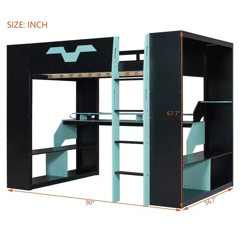 Lit mezzanine Whisen en bois massif avec prise de courant et ports USB/Type-C, gestion des câbles intégrée