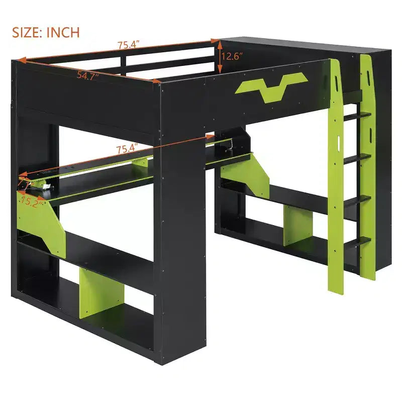 Lit mezzanine Whisen en bois massif avec prise de courant et ports USB/Type-C, gestion des câbles intégrée