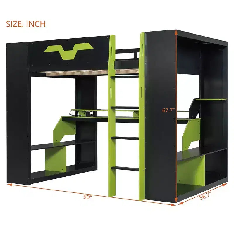 Lit mezzanine Whisen en bois massif avec prise de courant et ports USB/Type-C, gestion des câbles intégrée