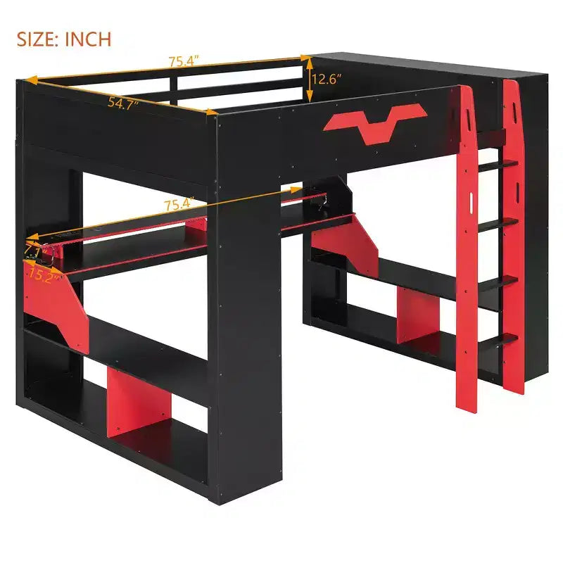 Lit mezzanine Whisen en bois massif avec prise de courant et ports USB/Type-C, gestion des câbles intégrée
