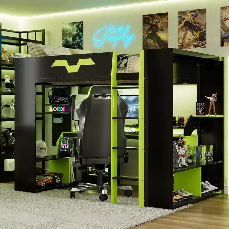 Lit mezzanine Whisen en bois massif avec prise de courant et ports USB/Type-C, gestion des câbles intégrée