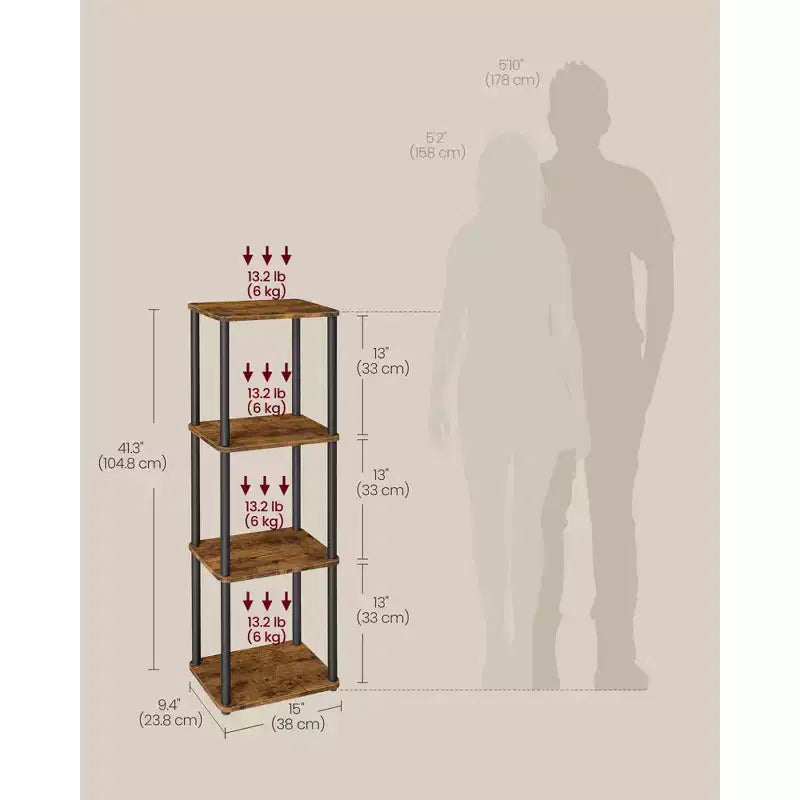 VASAGLE Meuble de Rangement à Montage Ultra-Rapide sans Outil, Étagère à 4 Niveaux pour Salon, Étagère sur Pied, Bibliothèque, Chambre, Cuisine, Marron Rustique et Noir Encre