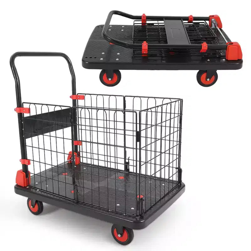 1000LBS Platform Cart with Cage - 4-Wheel Folding Dolly for Warehouse Moving & Storage - Black