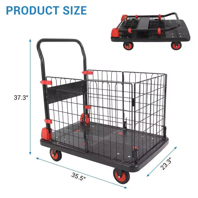 Chariot de plate-forme 1000LBS avec cage - Diable pliant à 4 roues pour le déplacement et le stockage en entrepôt - Noir