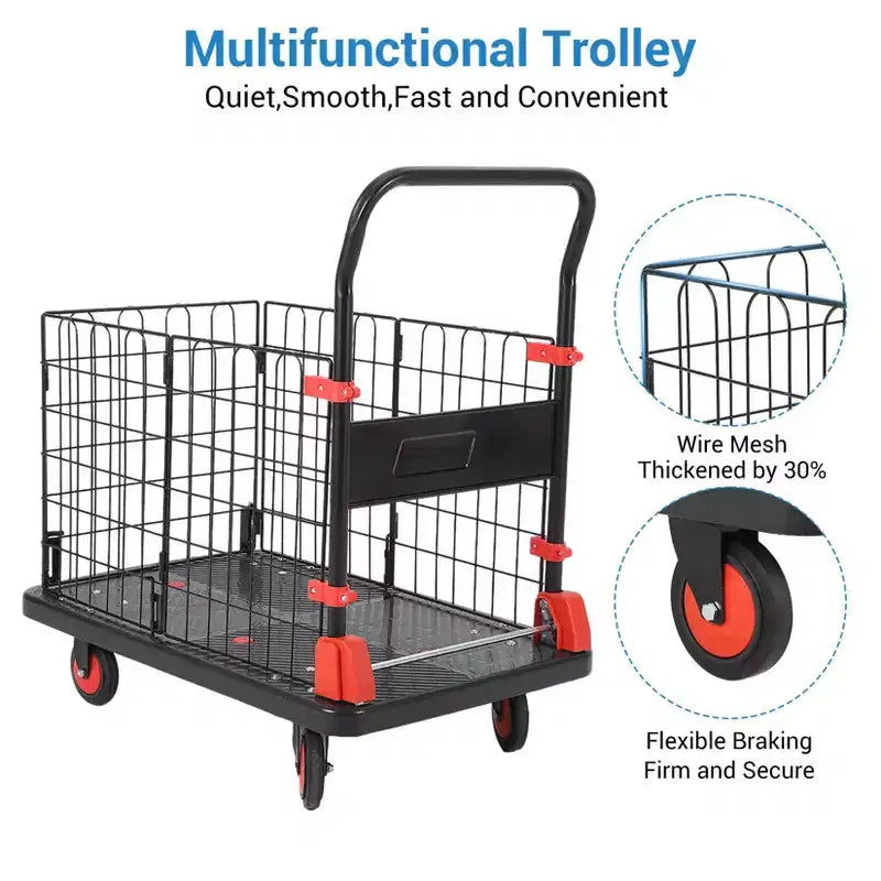 Chariot de plate-forme 1000LBS avec cage - Diable pliant à 4 roues pour le déplacement et le stockage en entrepôt - Noir