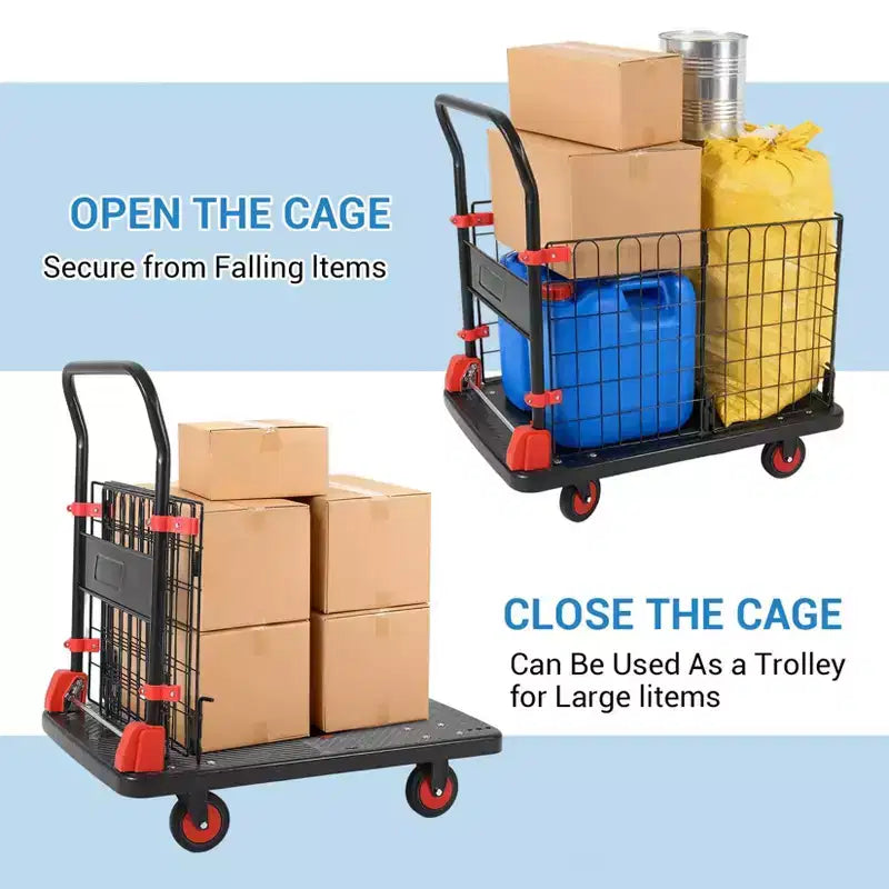 Chariot de plate-forme 1000LBS avec cage - Diable pliant à 4 roues pour le déplacement et le stockage en entrepôt - Noir