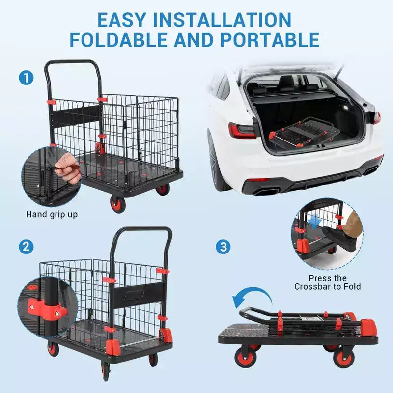 Chariot de plate-forme 1000LBS avec cage - Diable pliant à 4 roues pour le déplacement et le stockage en entrepôt - Noir